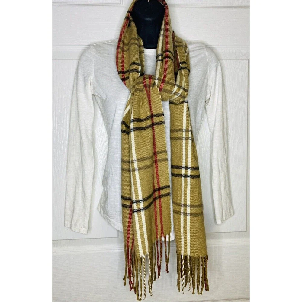 Cejon Scarf Made in Italy 11''x 57'' Fringe Brown Plaid Black Cream Red Tartan